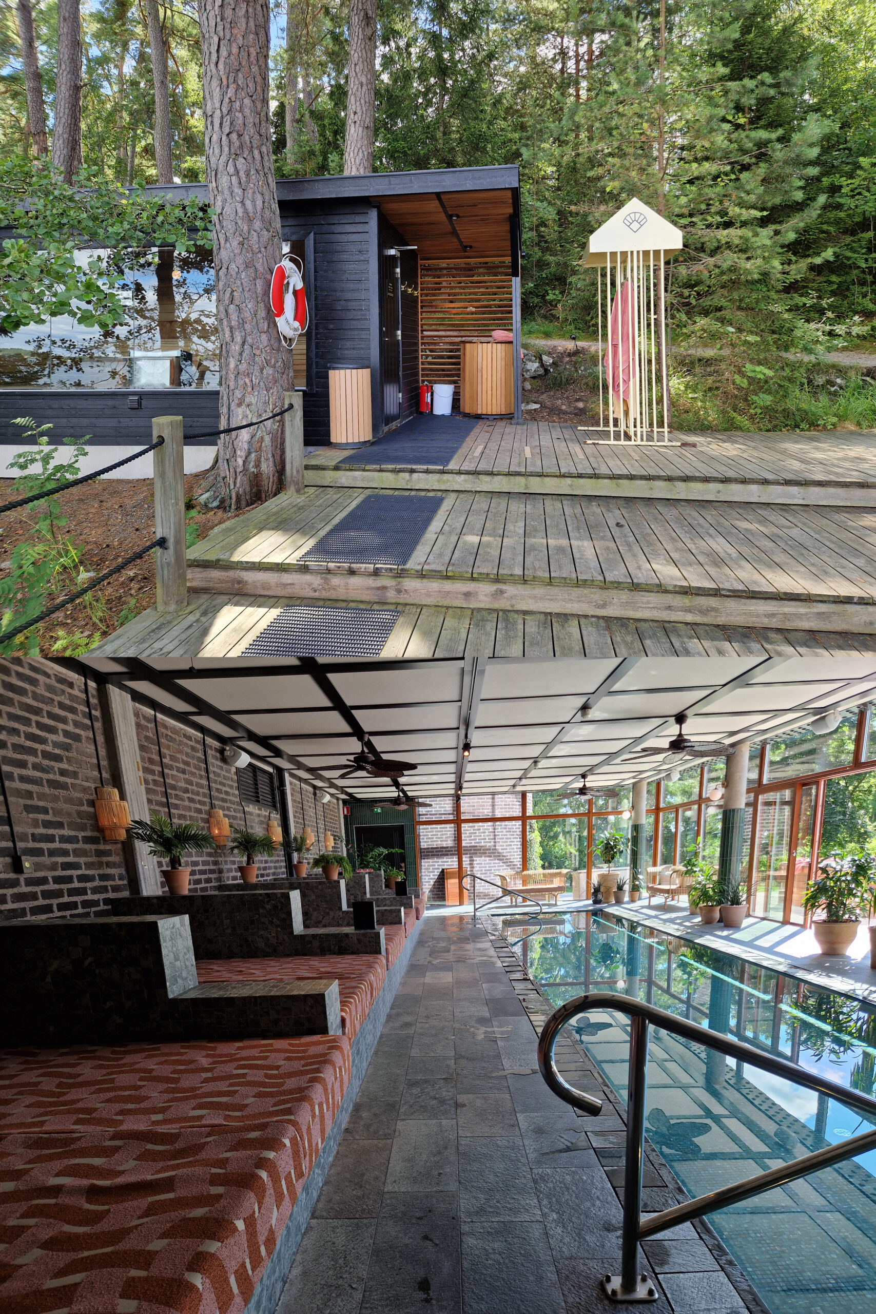 Image of a sauna and an indoor pool at Ellory Beach House, in Stockholm, Sweden.