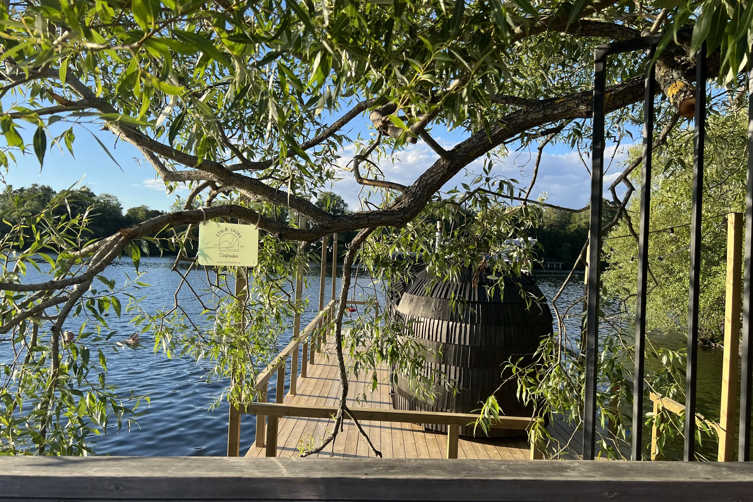 The floating sauna at Vinterviken seen through the willows The black shingled, barrel-shaped floating sauna at the end of a wooden jetty in Vinterviken, framed by willow branches, with a small sign reading "STHLM Sauna Vinterviken" hanging from a branch in the foreground.