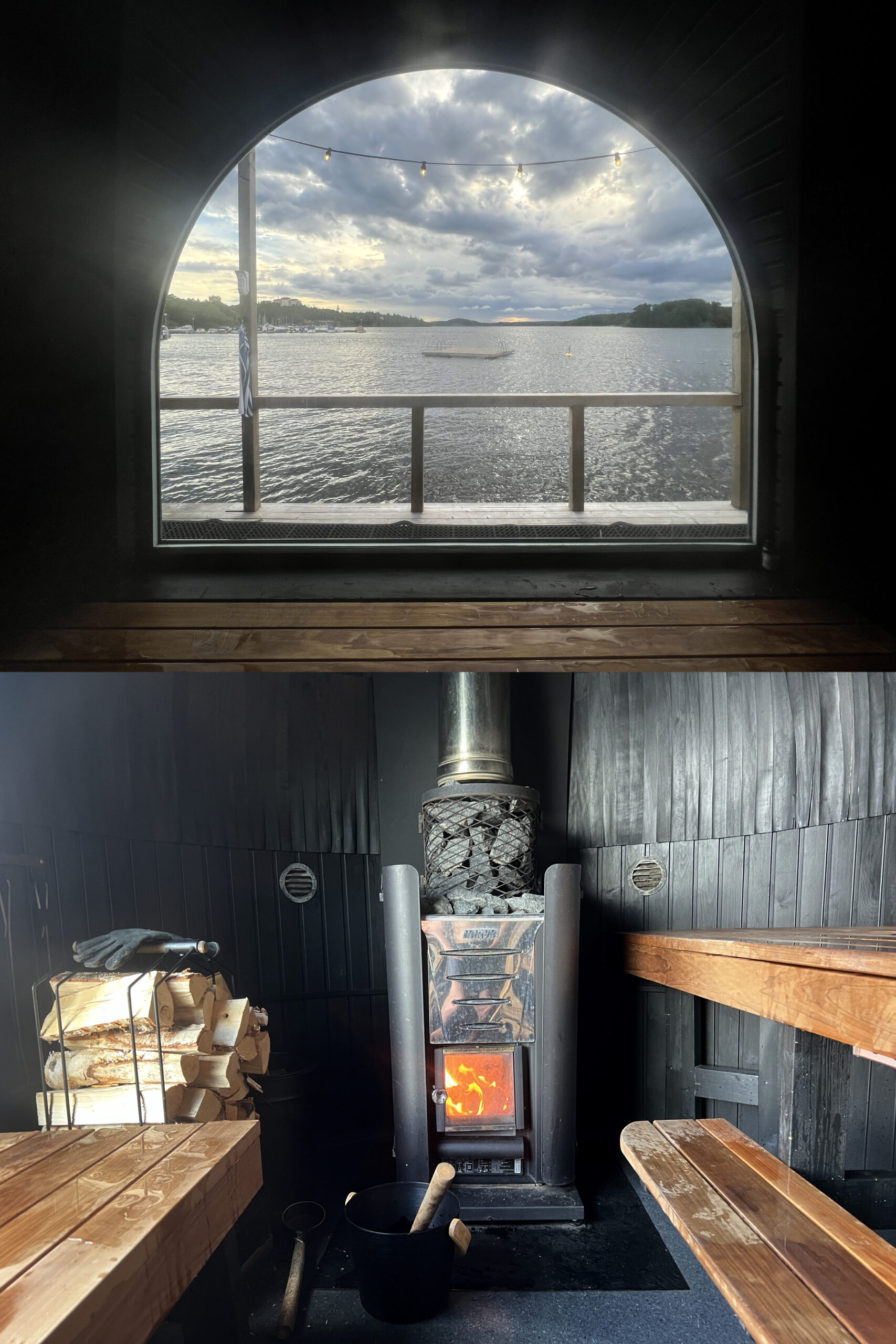 Interior photos of a sauna.