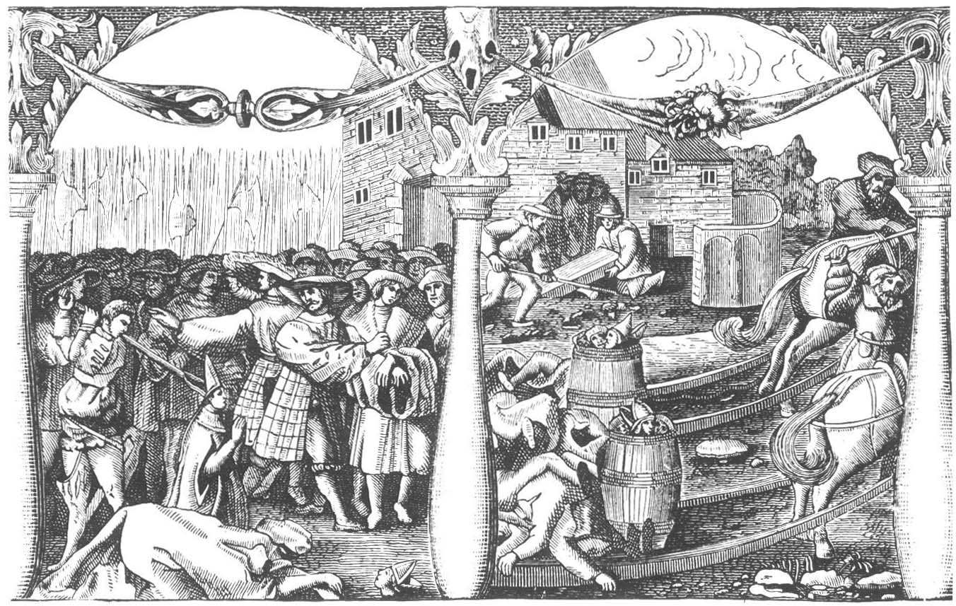 Engraving by Dionysius Padt-Brugge (1676), which depicts two scenes of the bloodbath (nobles being beheaded in the square, and bodies being carted away to be burned).
