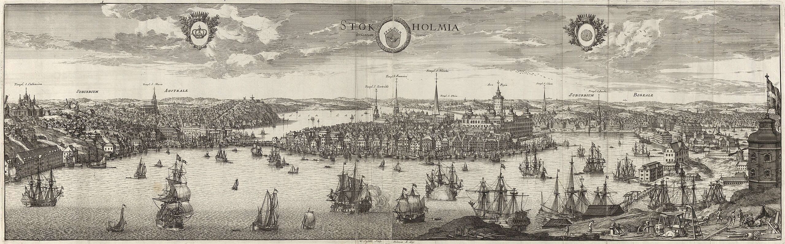 Panorama or engraving of 17th-century Stockholm cityscape: Erik Dahlbergh’s Suecia Antiqua et Hodierna engravings (c.1690)