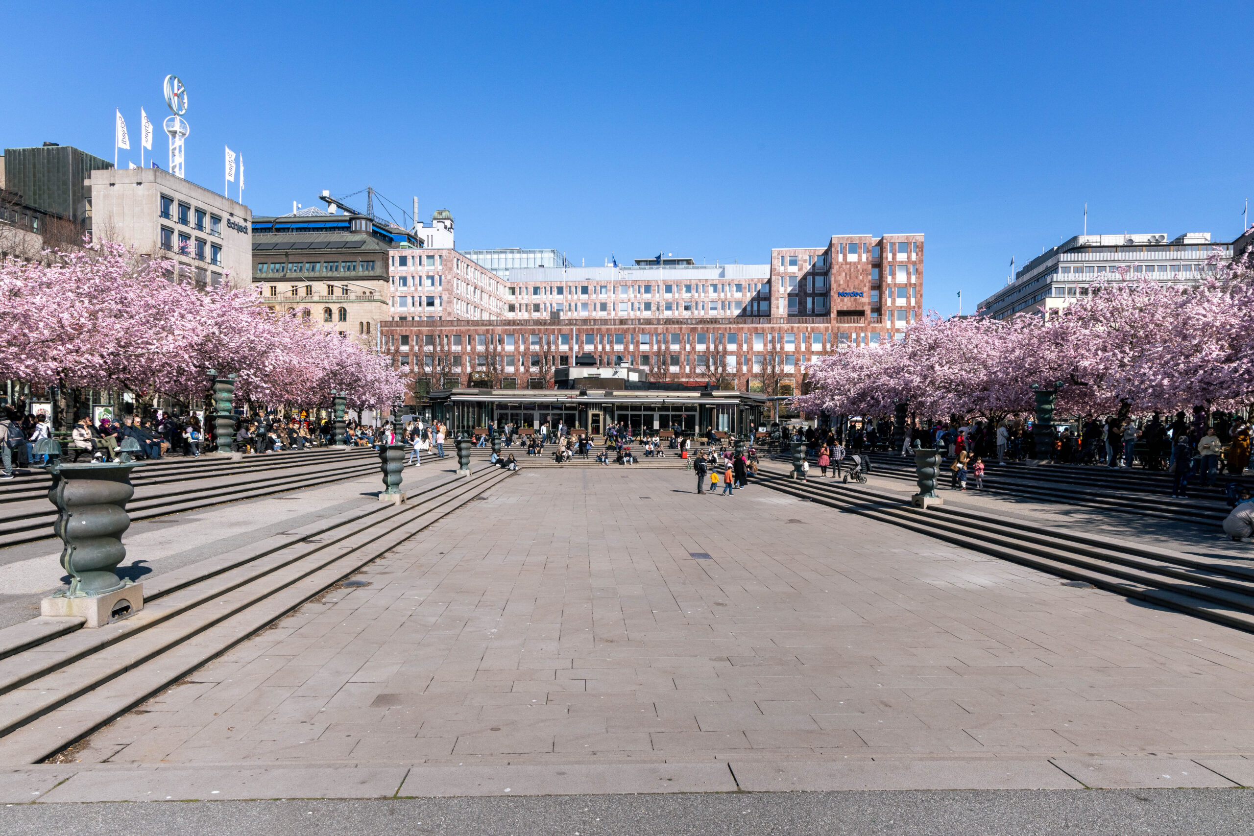 Photo of Kungsträdgården park in Spring, with cherry blossom trees.