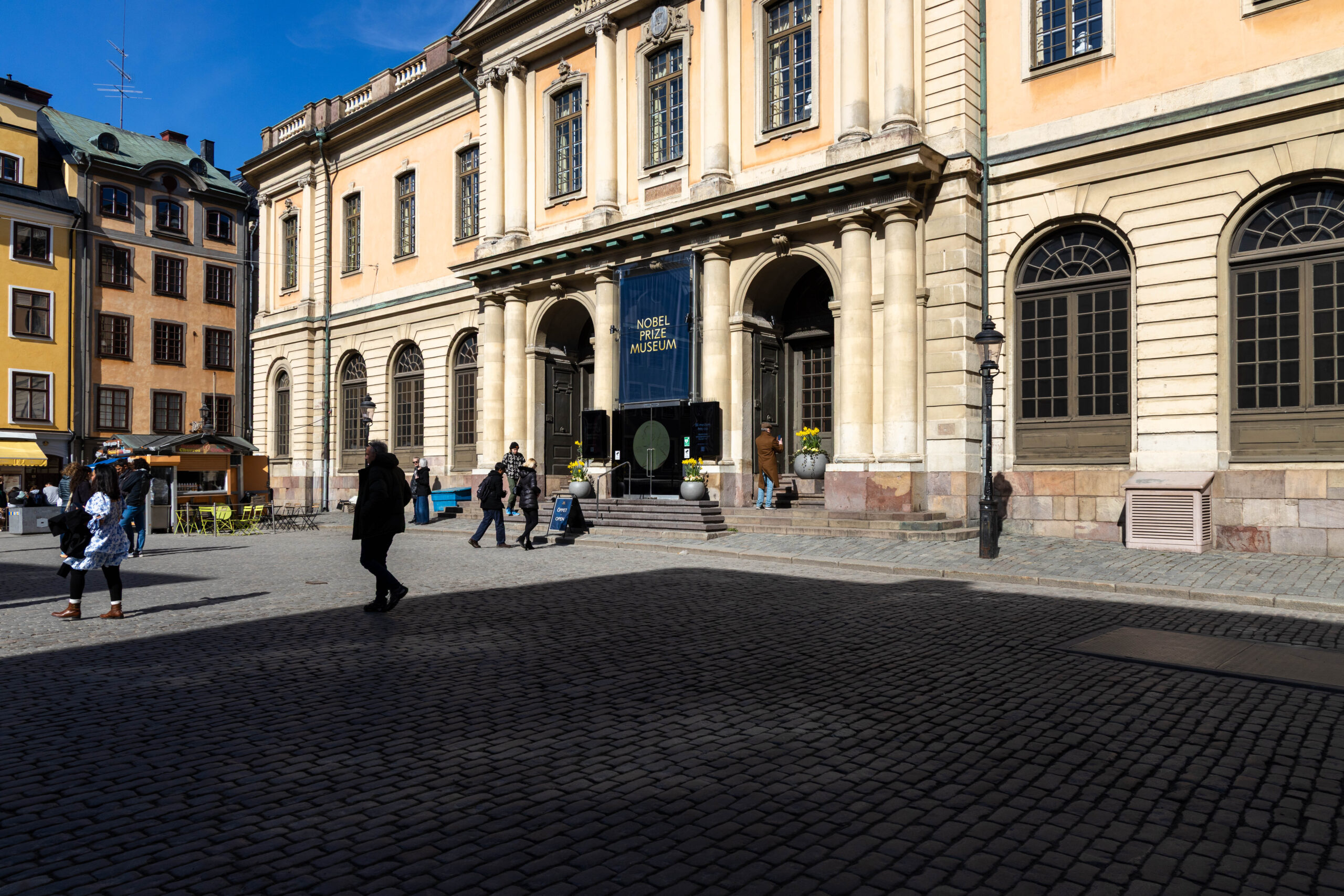 Exterior of Nobel Prize Museum building at Stortorget Square in Gamla Stan district, in Stockholm Sweden.