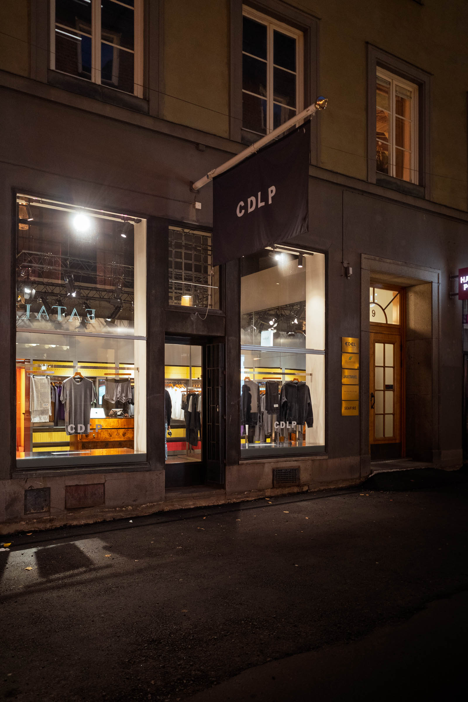 CDLP flagship store front at night on Mäster Samuelsgatan
